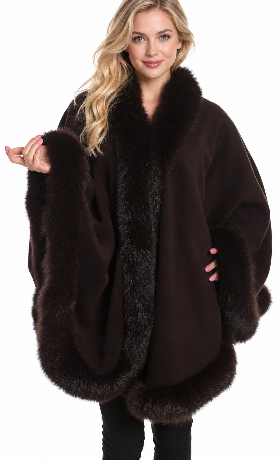 Model wearing the CA50 brown cashmere cape with fox fur trim