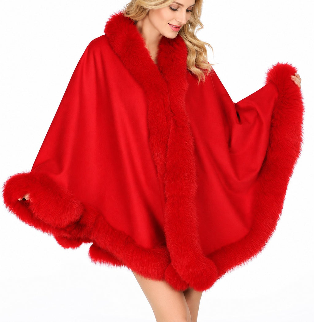 Model wearing the CA50 red cashmere cape with red fox fur trim