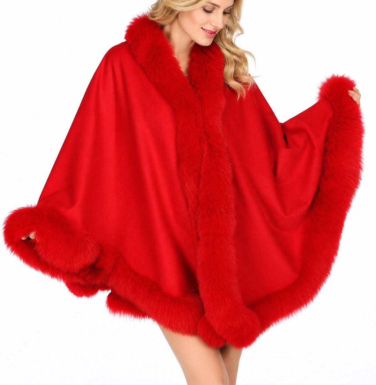 Model wearing the CA50 red cashmere cape with red fox fur trim